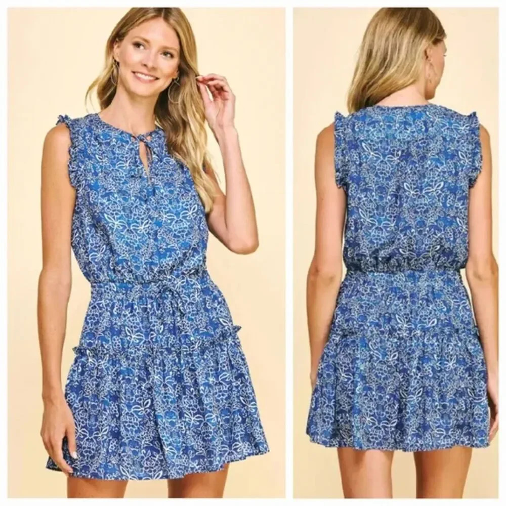 PINCH Tiered Ruffle Floral Blouse Blue & White Cap Sleeve Elastic Waist Large
